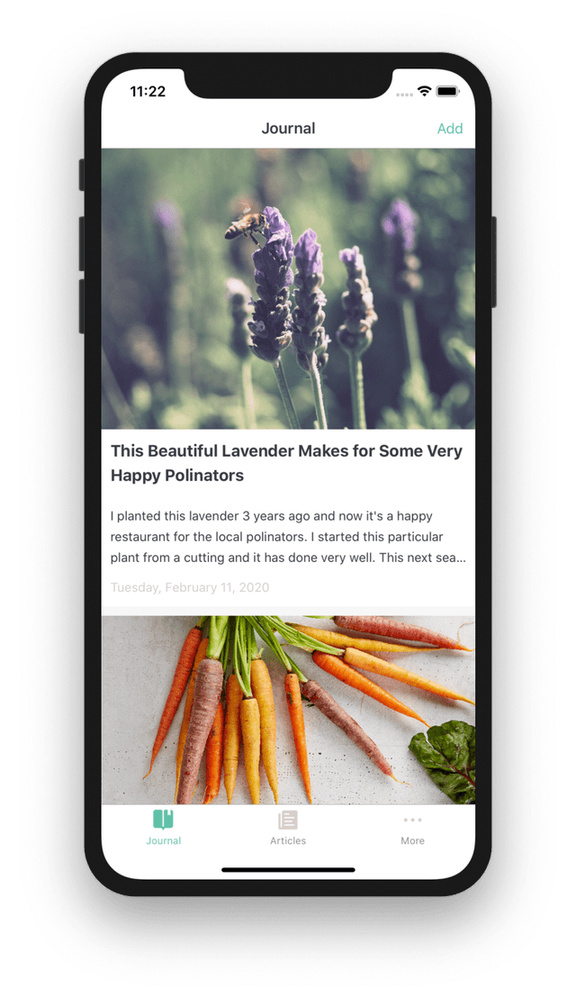 image of the Let's Garden app with a couple journal entries