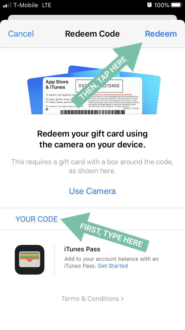 App Store redeem code screen