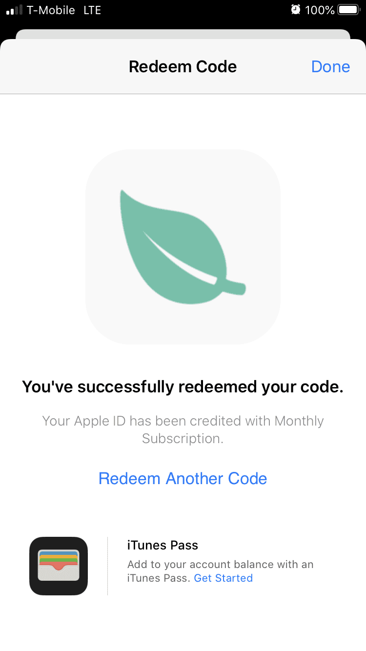 App Store redeem code success screen