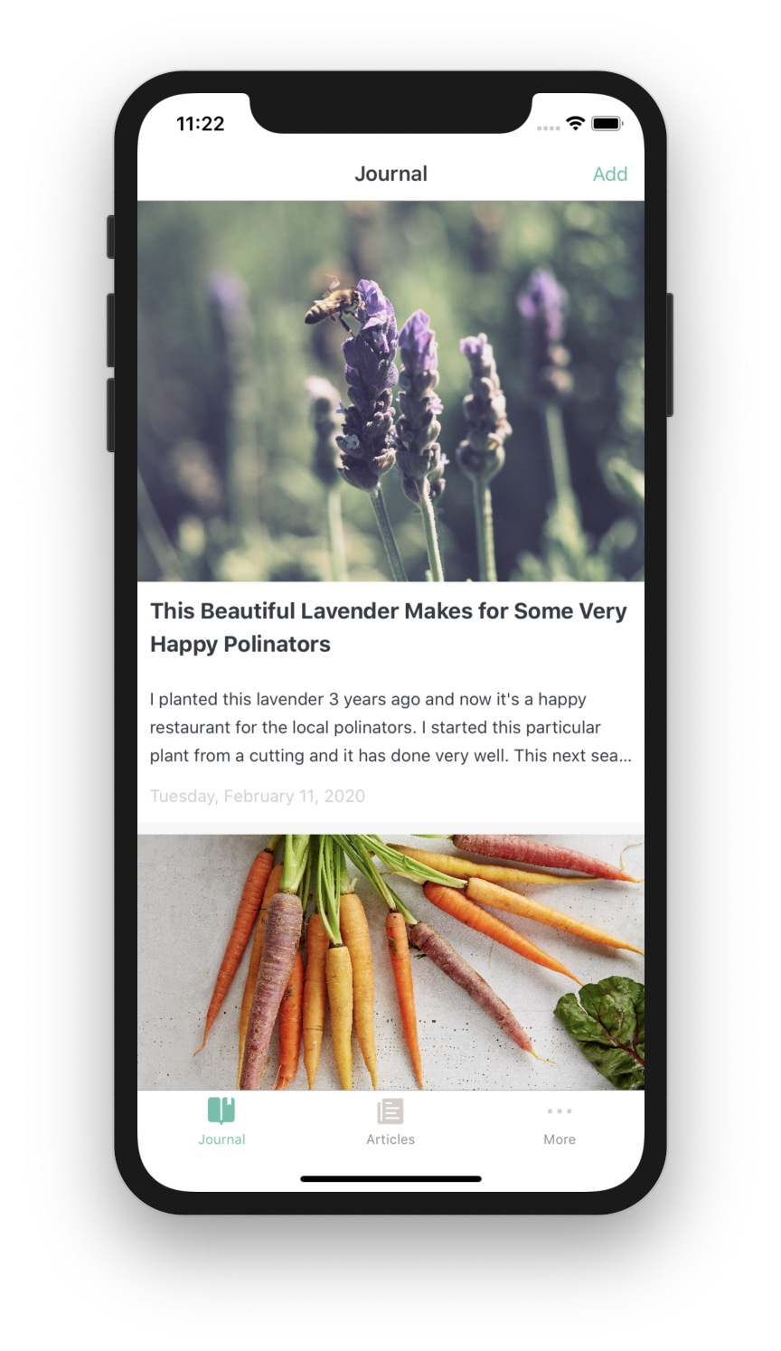 image of the Let's Garden app with a couple journal entries